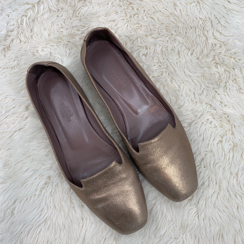 Hermès Gold Metallic Leather Smoking Slippers - Picture 2 of 11